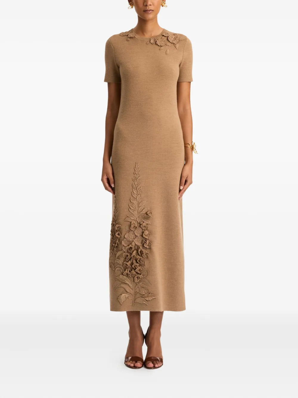 Oscar De La Renta Foxglove Embroidered Short-sleeve Knit Maxi Dress In Brown