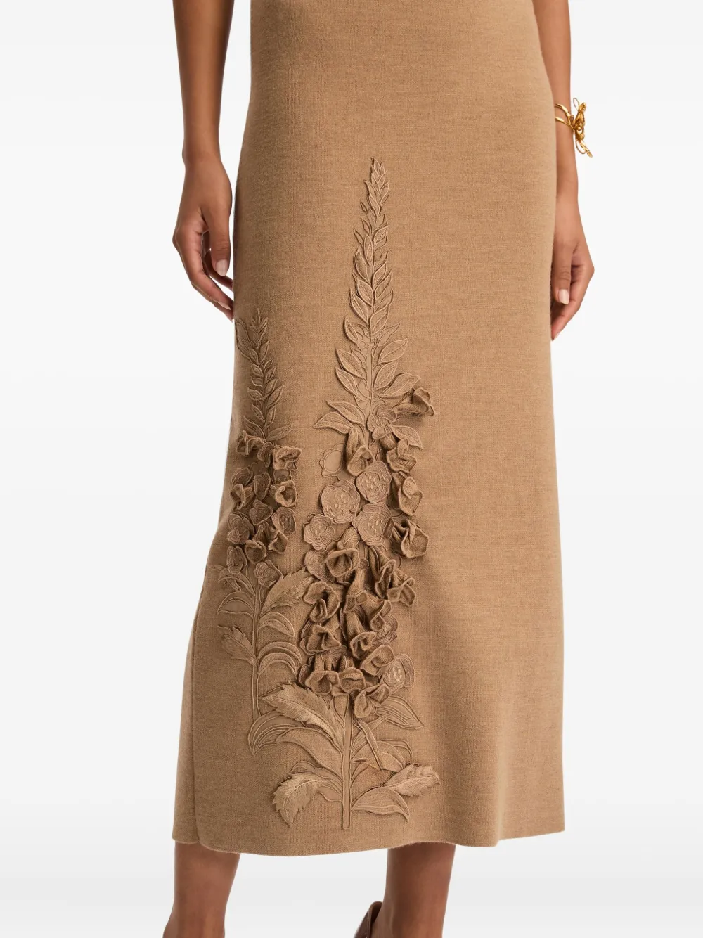 Oscar De La Renta Foxglove Embroidered Short-sleeve Knit Maxi Dress In Brown
