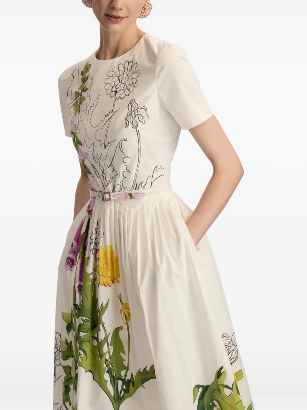 Oscar De La Renta Foxglove Sketch Cotton Poplin Dress In White
