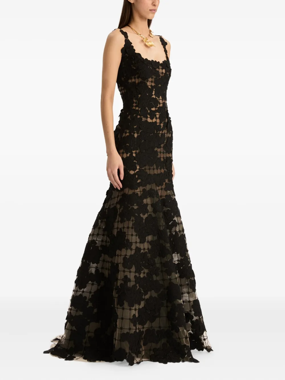 Oscar De La Renta Floral Cut-out Threadwork Gown In Black