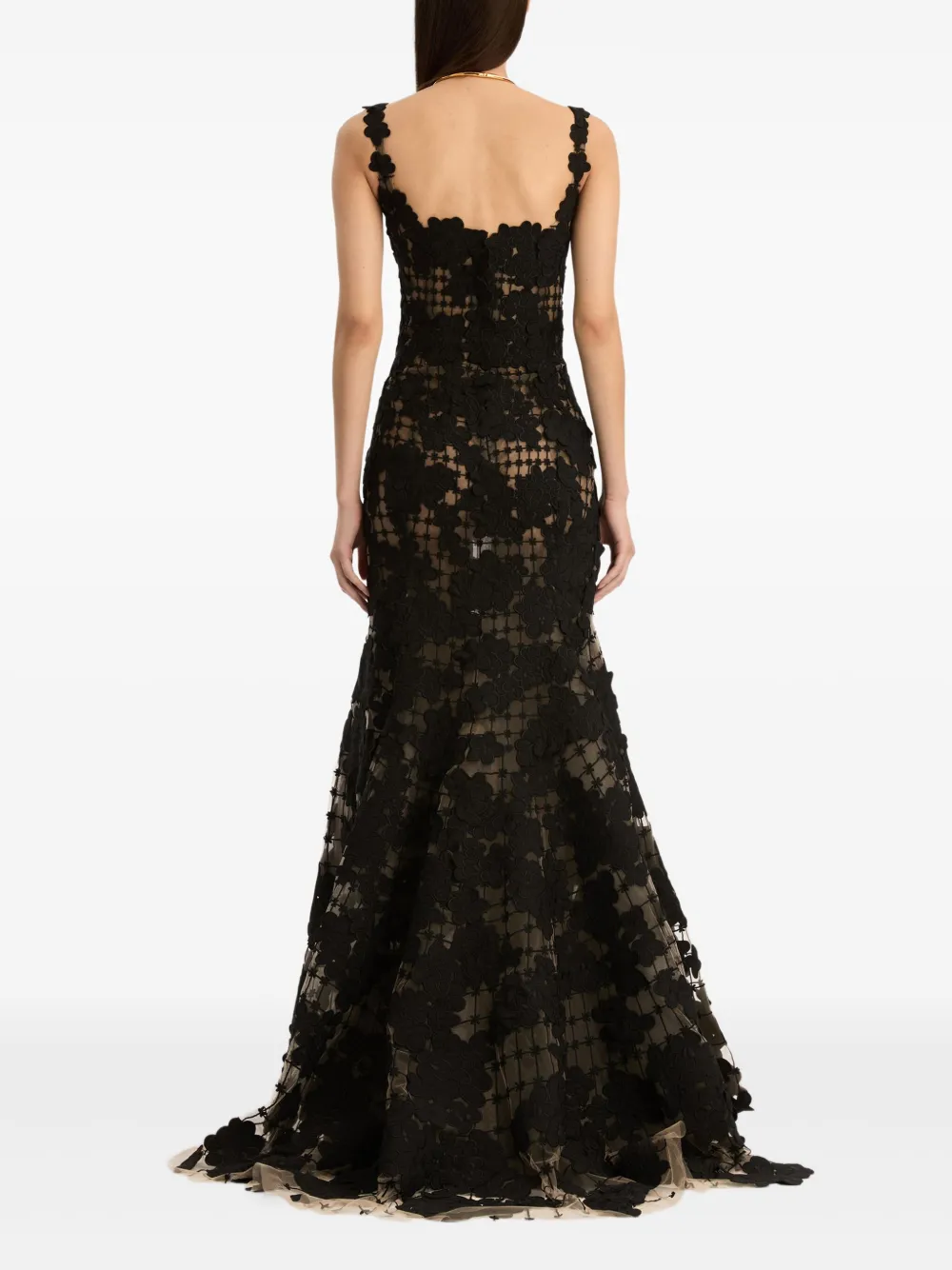 Oscar De La Renta Floral Cut-out Threadwork Gown In Black