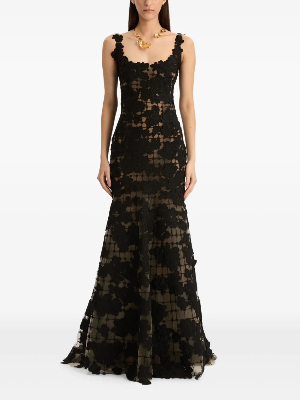 Oscar De La Renta Floral Cut-out Threadwork Gown In Black