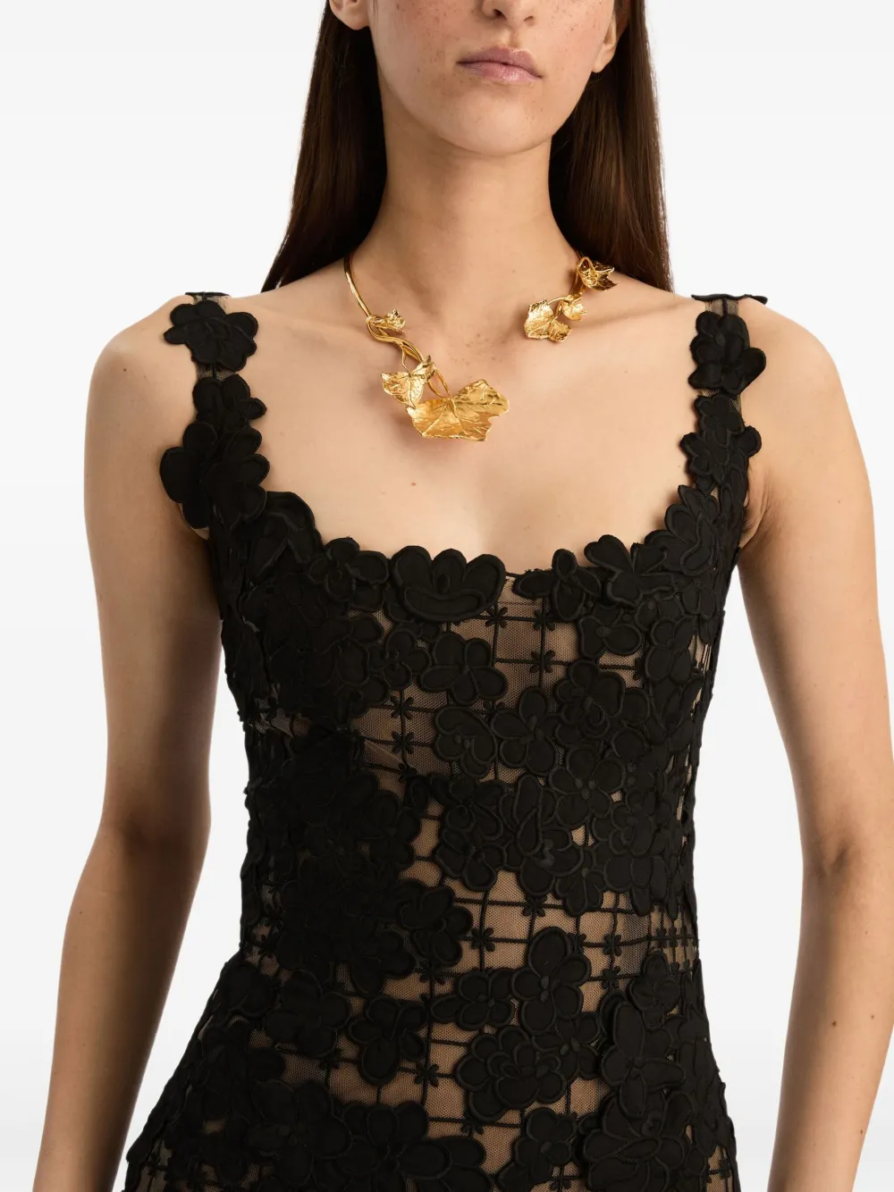 Oscar De La Renta Floral Cut-out Threadwork Gown In Black