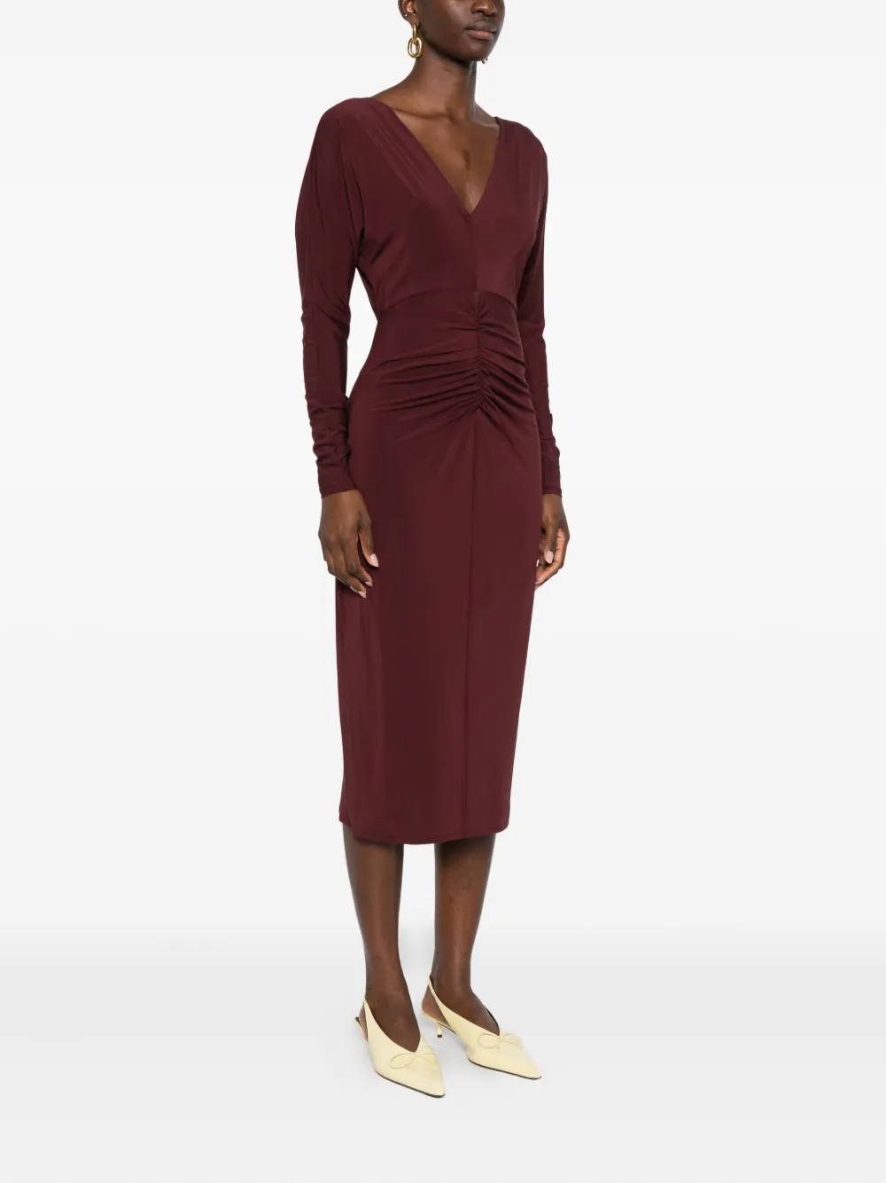 Max Mara Ruched-detail Long-sleeve Midi Dress In Burgundy