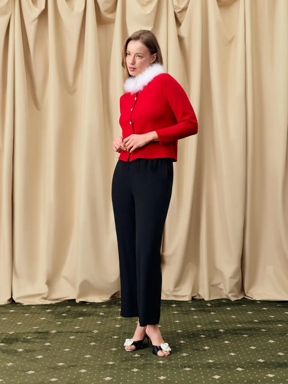 Sleeper Miss Kitty Cardigan With Detachable Feathers In Red In Red