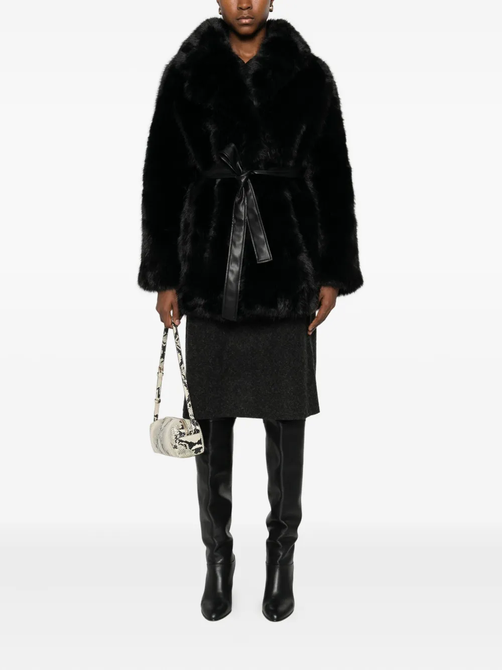 Vanessa Bruno Belted Faux Fur Jacket In Black