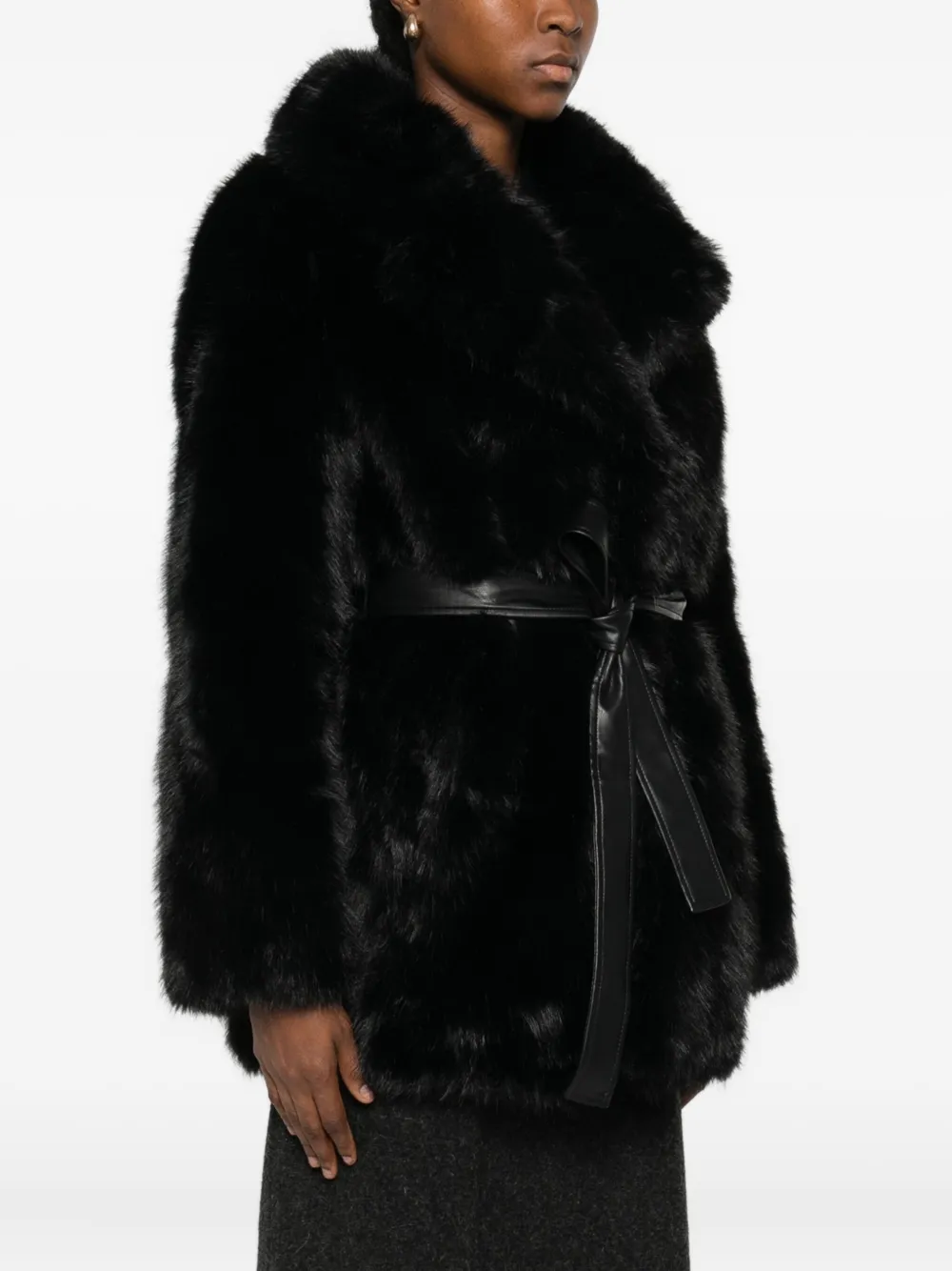 Vanessa Bruno Belted Faux Fur Jacket In Black