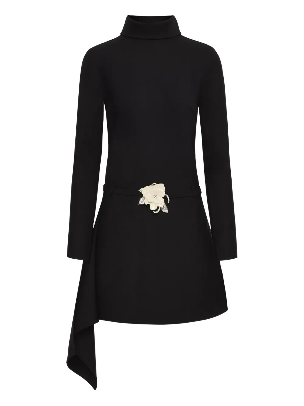 Oscar De La Renta Floral Belt Mock-neck Dress In Black