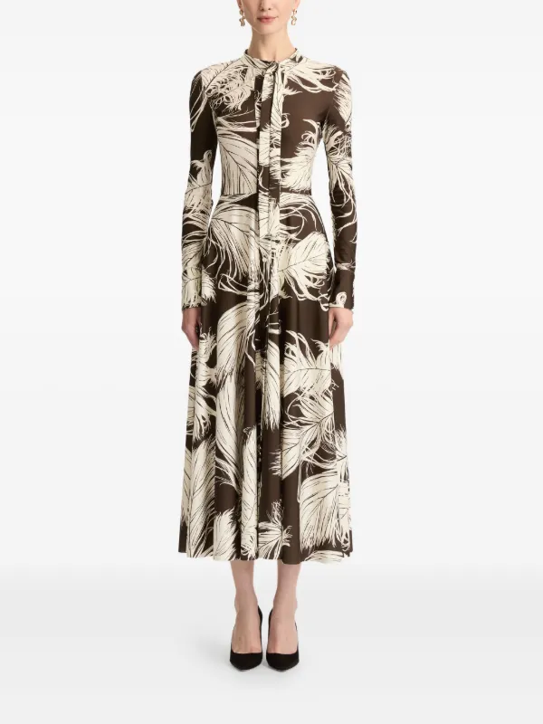 Oscar de La Renta Feather Print Jersey Midi Dress - Brown