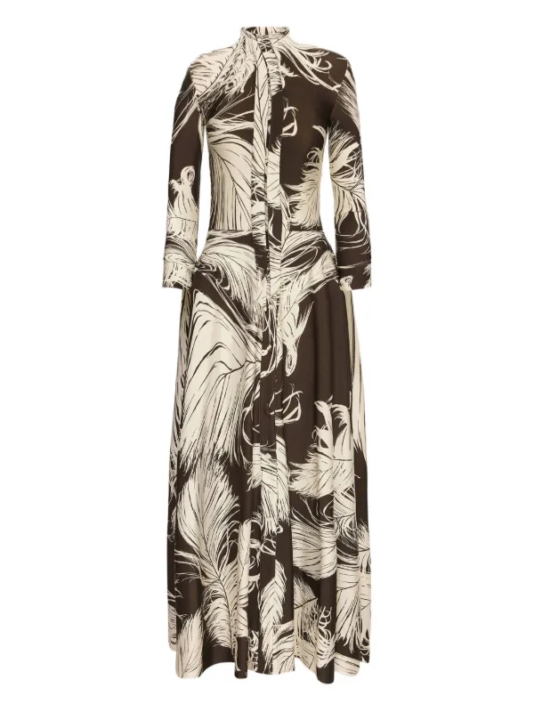 Oscar de La Renta Feather Print Jersey Midi Dress - Brown