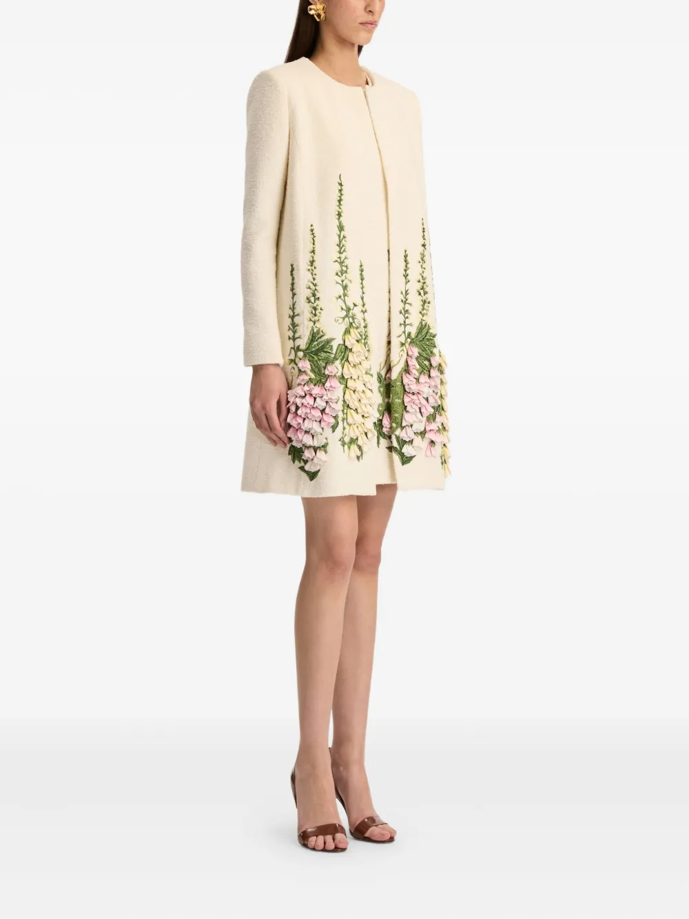 Oscar De La Renta Foxglove Embroidered Tweed Jacket In White