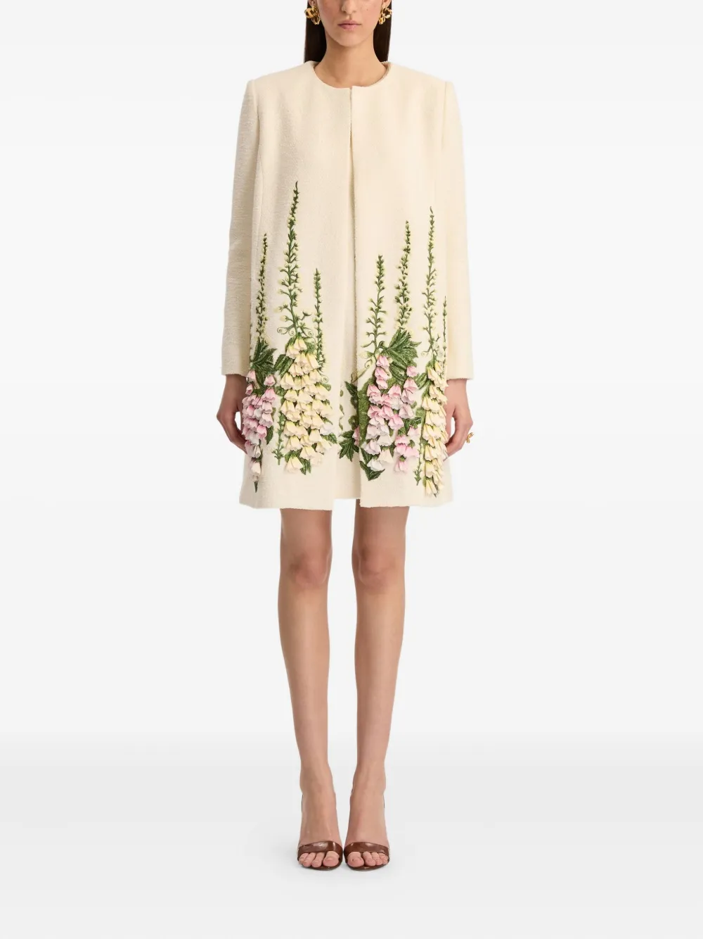 Oscar De La Renta Foxglove Embroidered Tweed Jacket In White