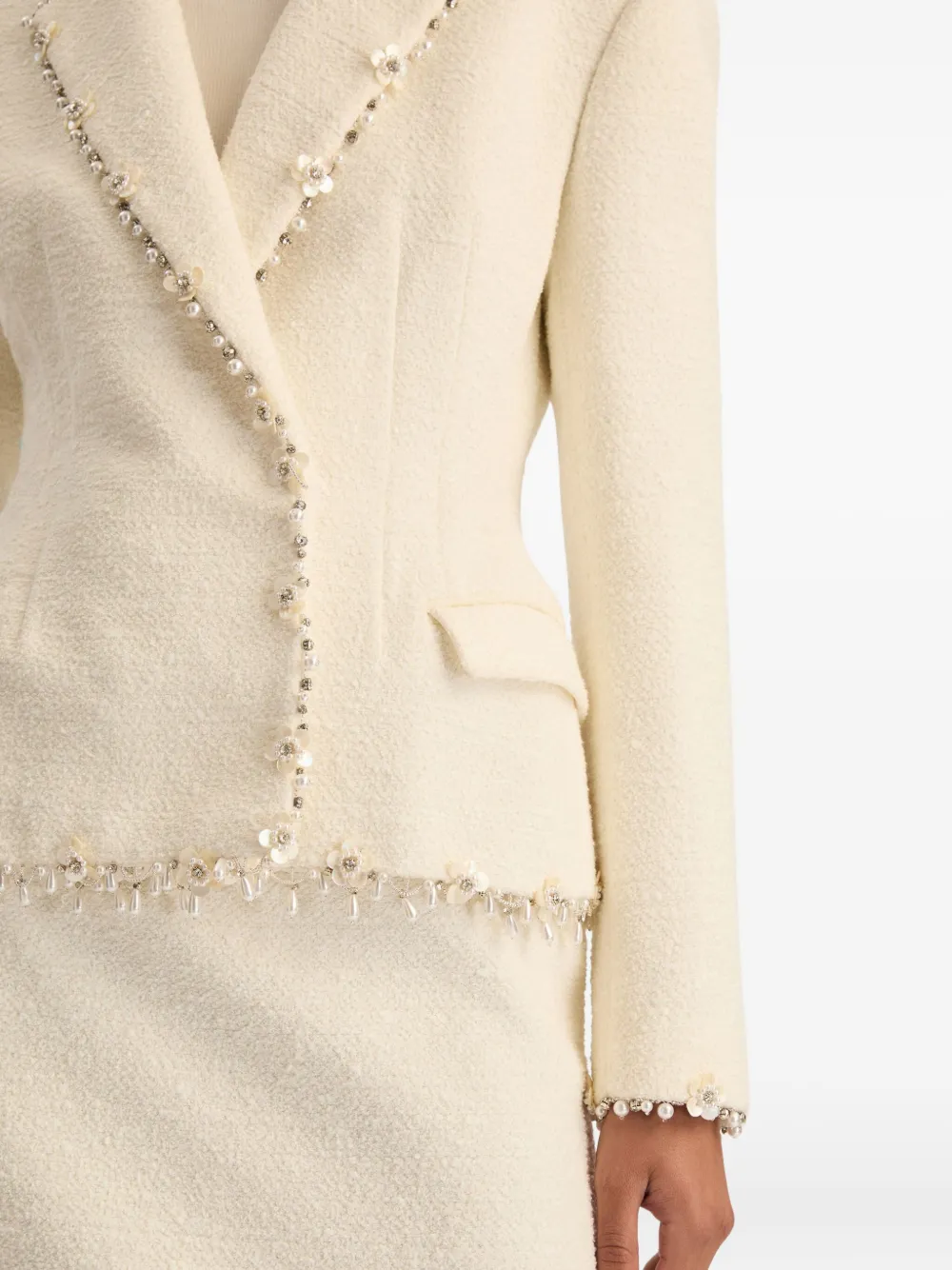 Oscar De La Renta Floral Jeweled Fringe Tweed Jacket In White