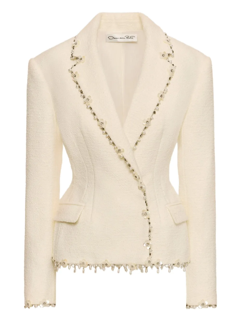 Oscar De La Renta Floral Jeweled Fringe Tweed Jacket In White