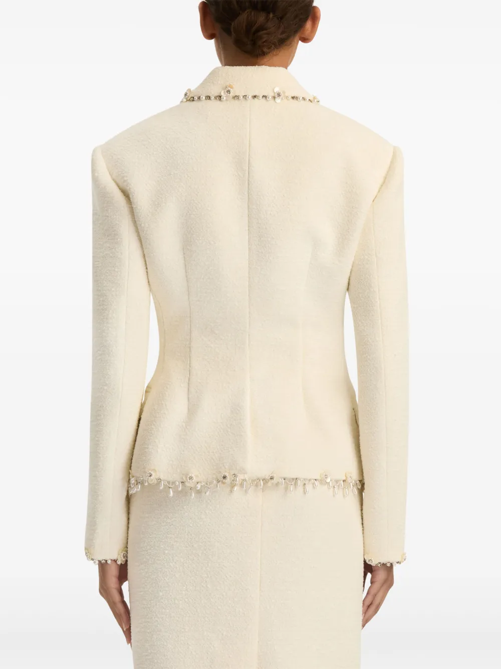 Oscar De La Renta Floral Jeweled Fringe Tweed Jacket In White