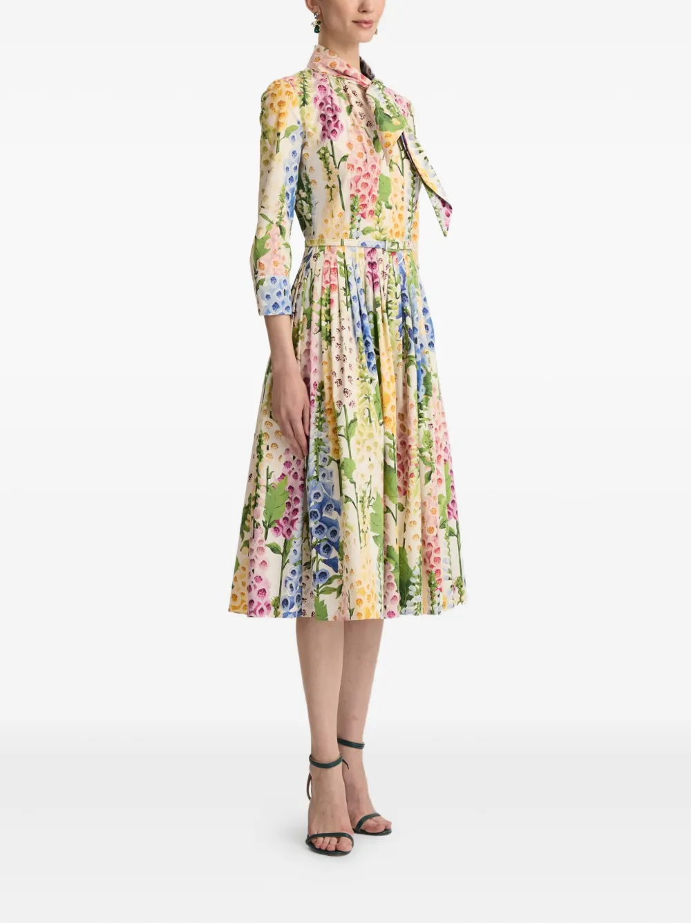 Oscar De La Renta Foxglove Cotton Poplin Tie-neck Dress In Multi