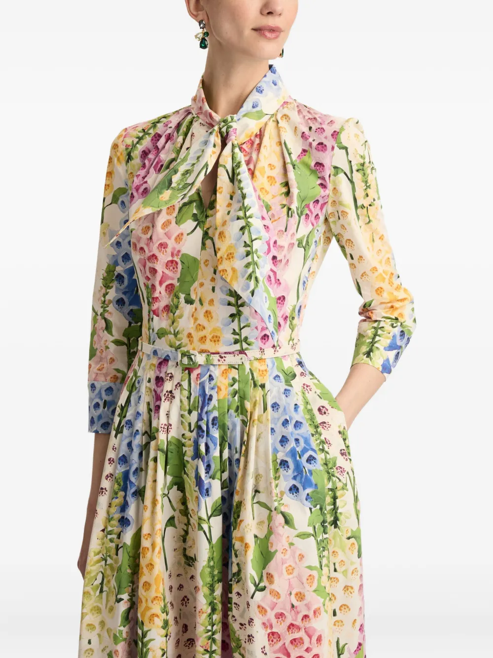 Oscar De La Renta Foxglove Cotton Poplin Tie-neck Dress In Multi