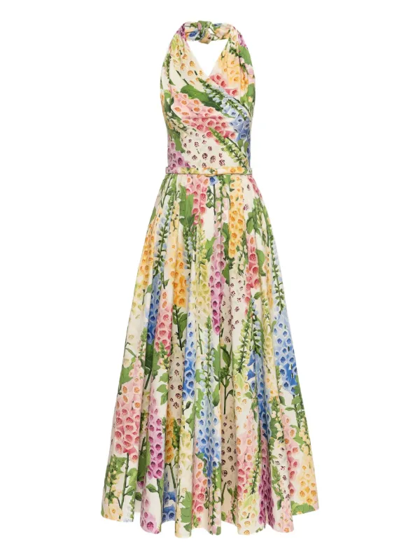 Oscar de la Renta Floral Pattern Midi Dress in White