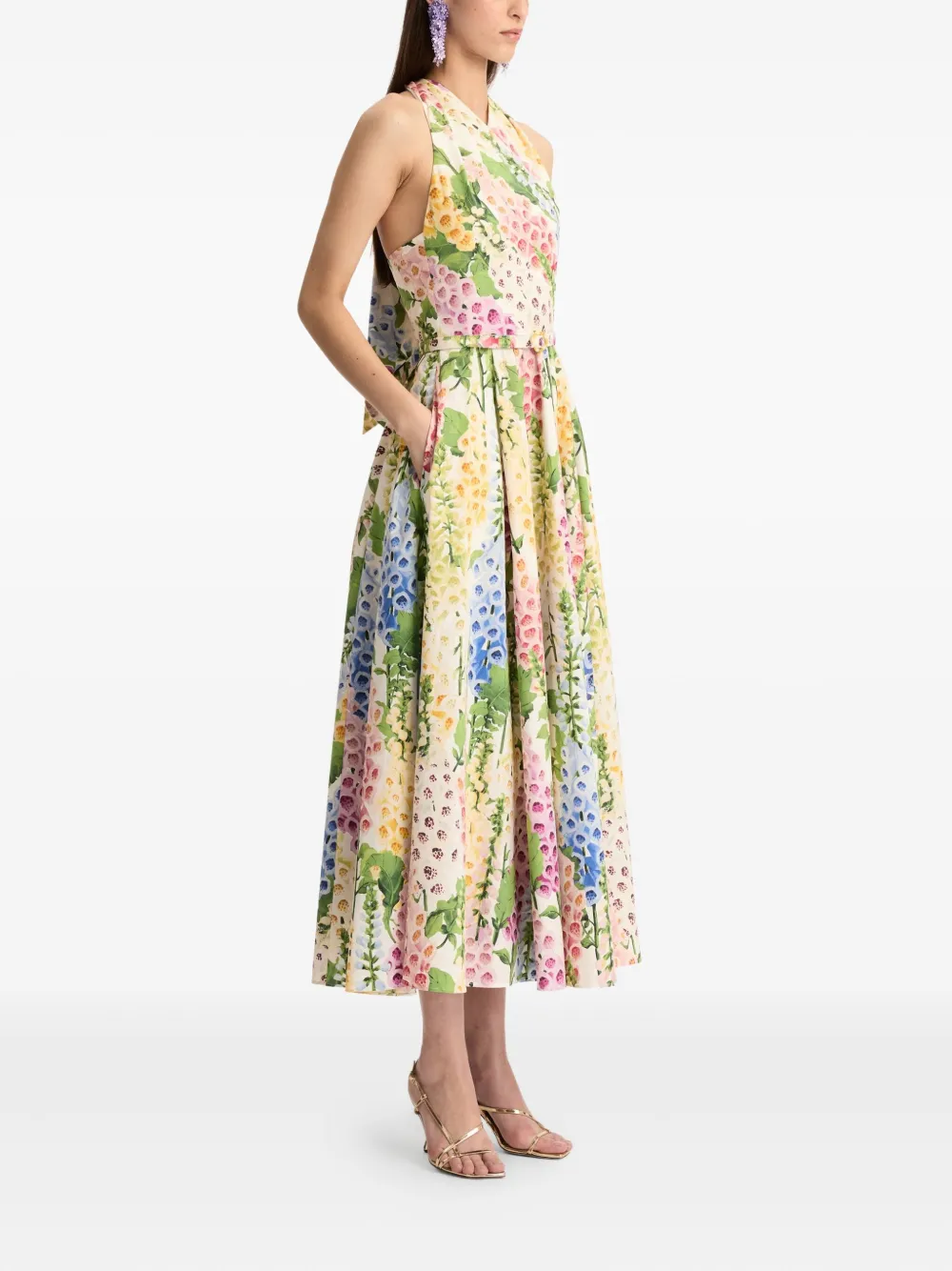 Oscar De La Renta Foxgloves Belted Floral-print Cotton-blend Poplin Midi Dress In Multi