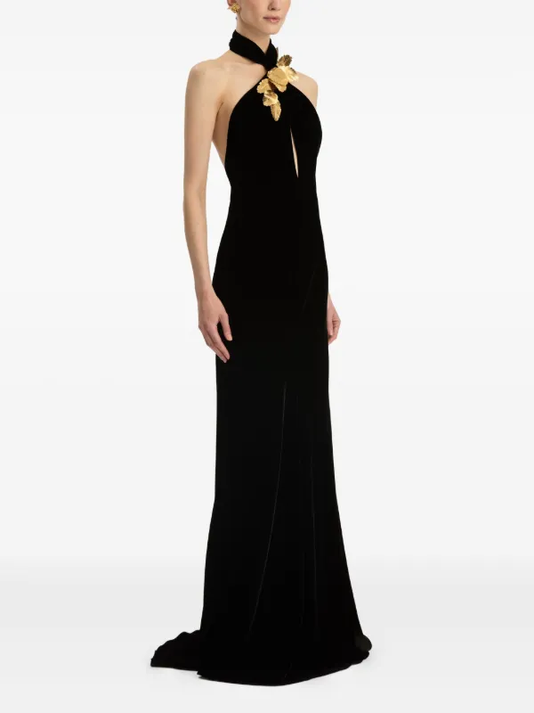 Oscar de La Renta Leaf-embellishment Velvet Gown - Black Oscar de La Renta Leaf-embellishment Velvet Gown - Black