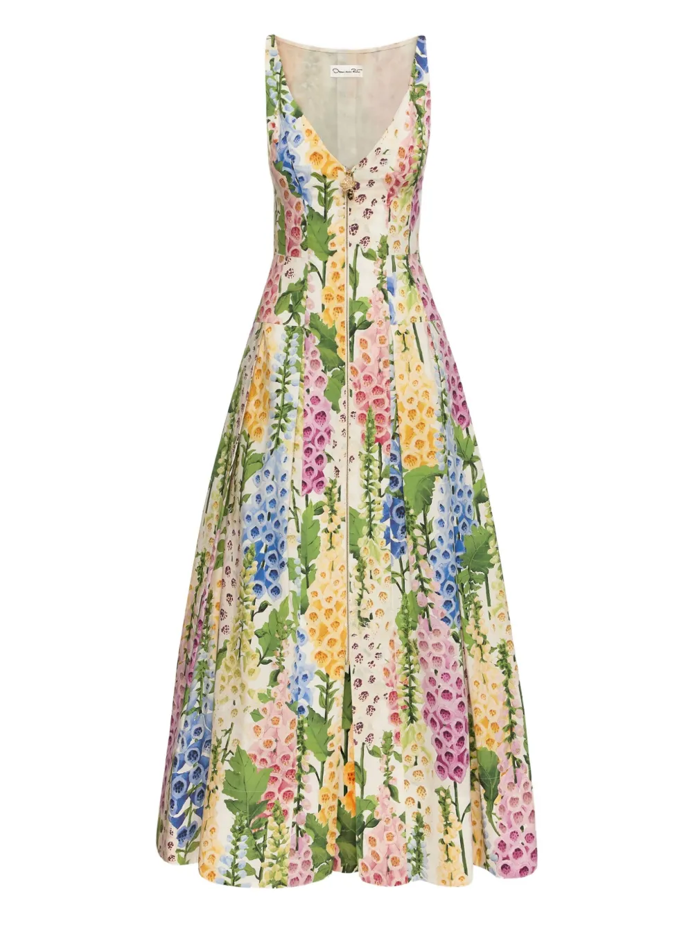 Oscar De La Renta Foxglove Print Sleeveless Stretch Poplin Dress In Multi