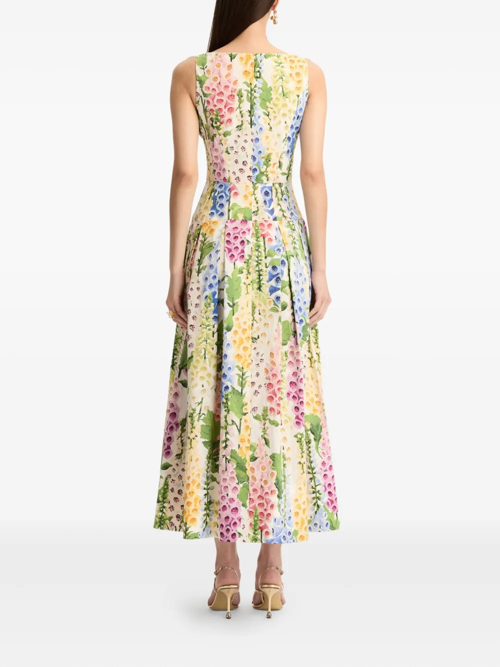 Oscar De La Renta Foxglove Print Sleeveless Stretch Poplin Dress In Multi