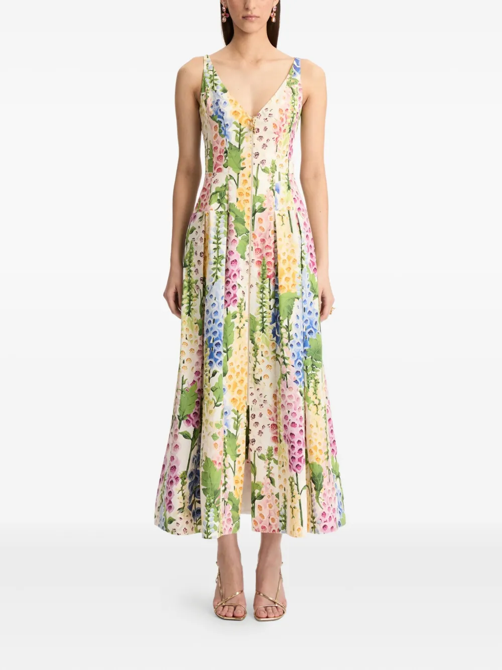 Oscar De La Renta Foxglove Print Sleeveless Stretch Poplin Dress In Multi