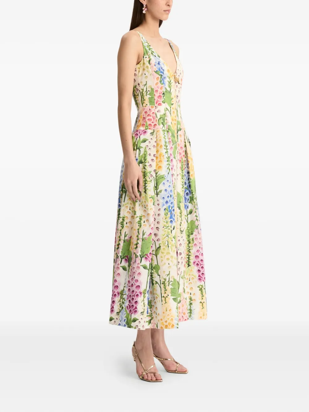 Oscar De La Renta Foxglove Print Sleeveless Stretch Poplin Dress In Multi