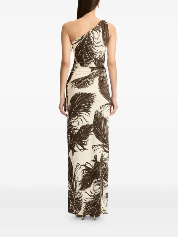 feather print maxi dress Oscar de La Renta Feather-print One-shoulder Maxi Dress
