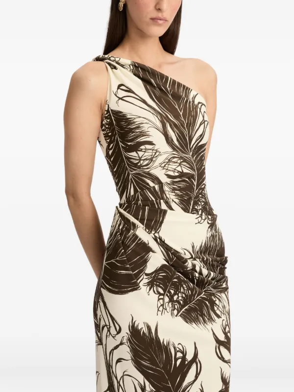 feather print maxi dress Floral Satin Feather-Trimmed Maxi Dress Black / 40
