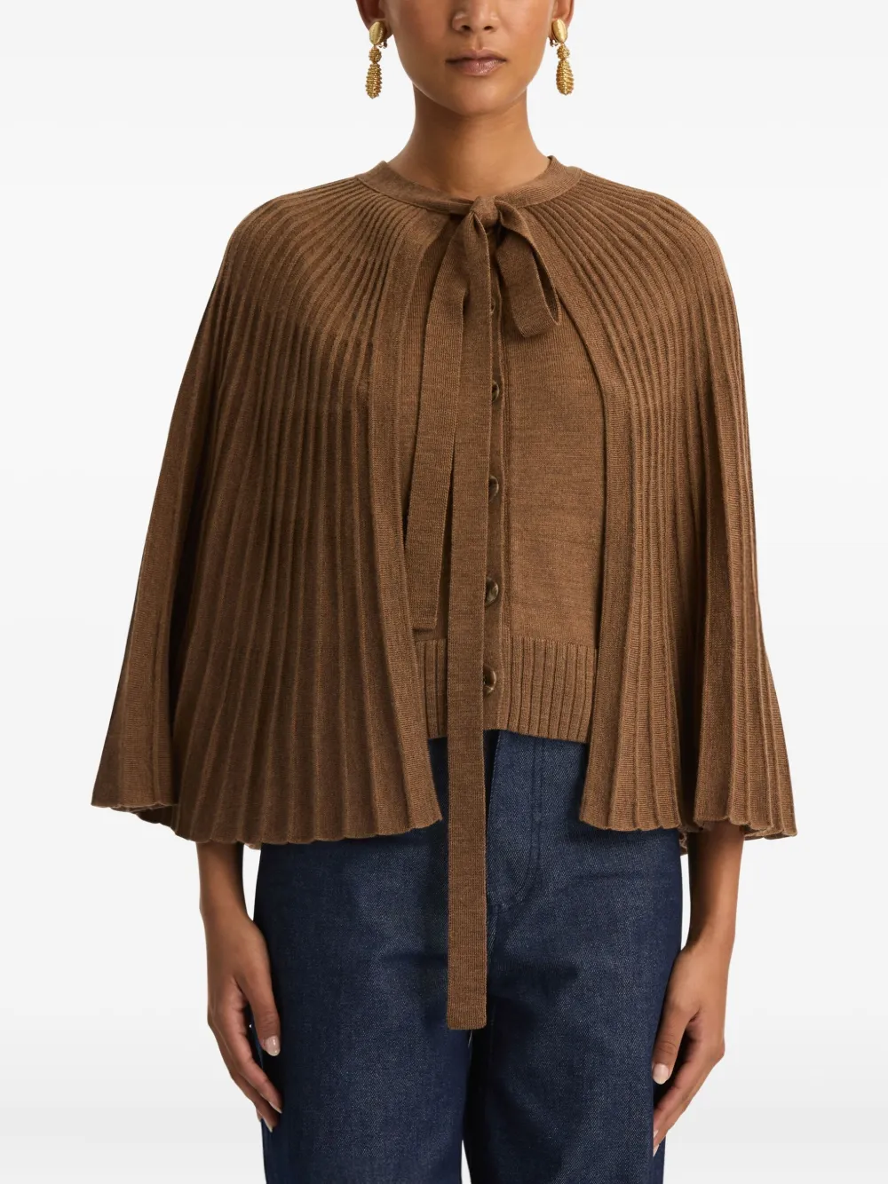 Oscar De La Renta Ribbed Tie Sweater In Brown