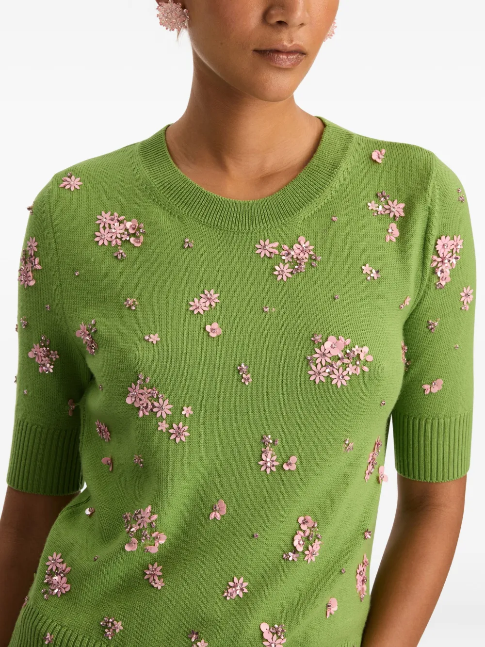 Oscar De La Renta Floral Crystal And Sequin-embellished Wool Sweater In Green