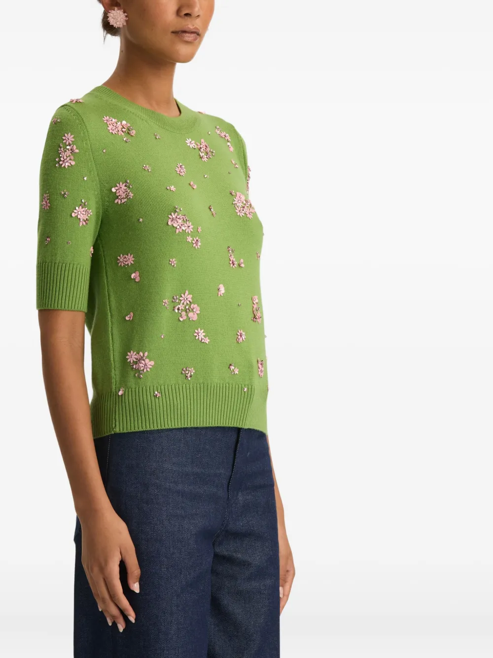 Oscar De La Renta Floral Crystal And Sequin-embellished Wool Sweater In Green