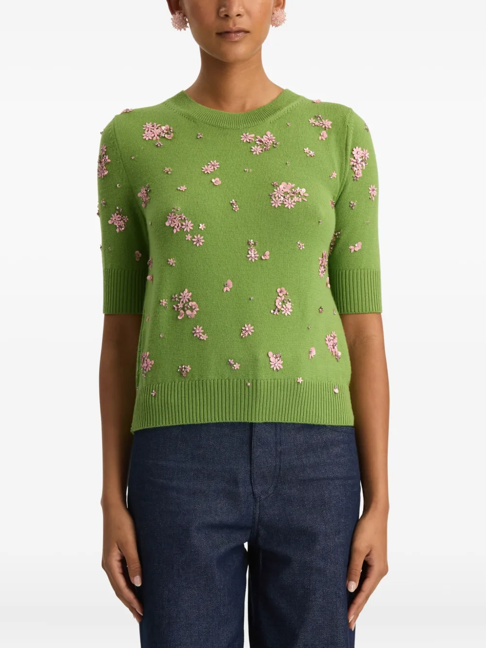 Oscar De La Renta Floral Crystal And Sequin-embellished Wool Sweater In Green