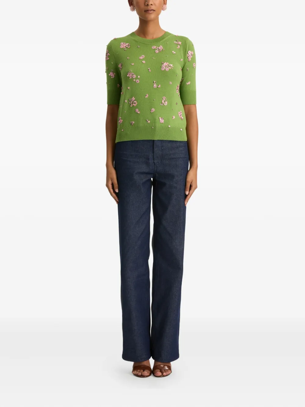 Oscar De La Renta Floral Crystal And Sequin-embellished Wool Sweater In Green
