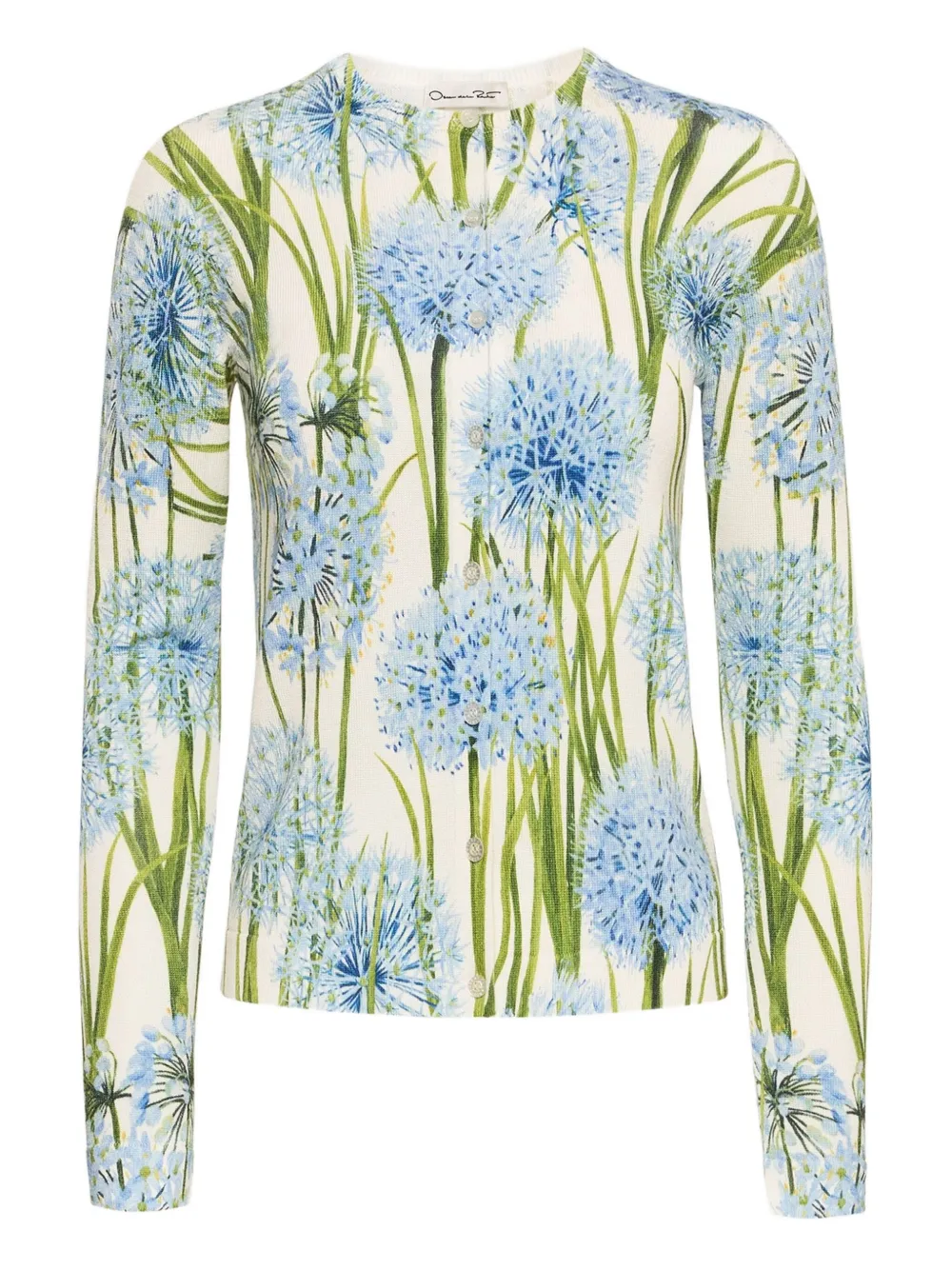 Oscar De La Renta Printed Allium Long Sleeve Cardigan In Blue
