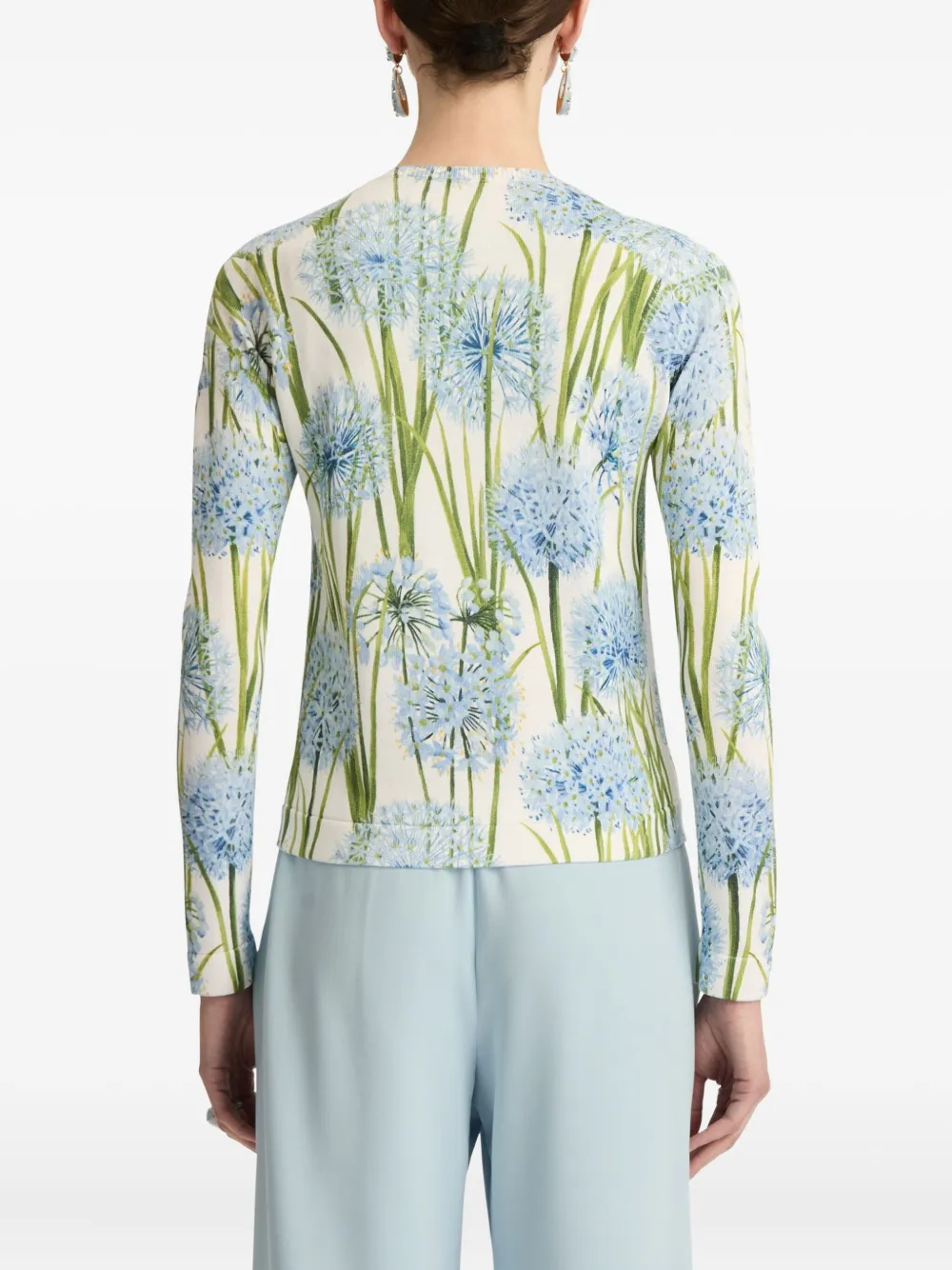 Oscar De La Renta Printed Allium Long Sleeve Cardigan In Blue