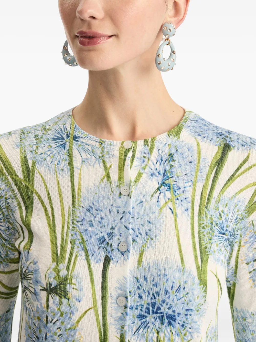 Oscar De La Renta Printed Allium Long Sleeve Cardigan In Blue