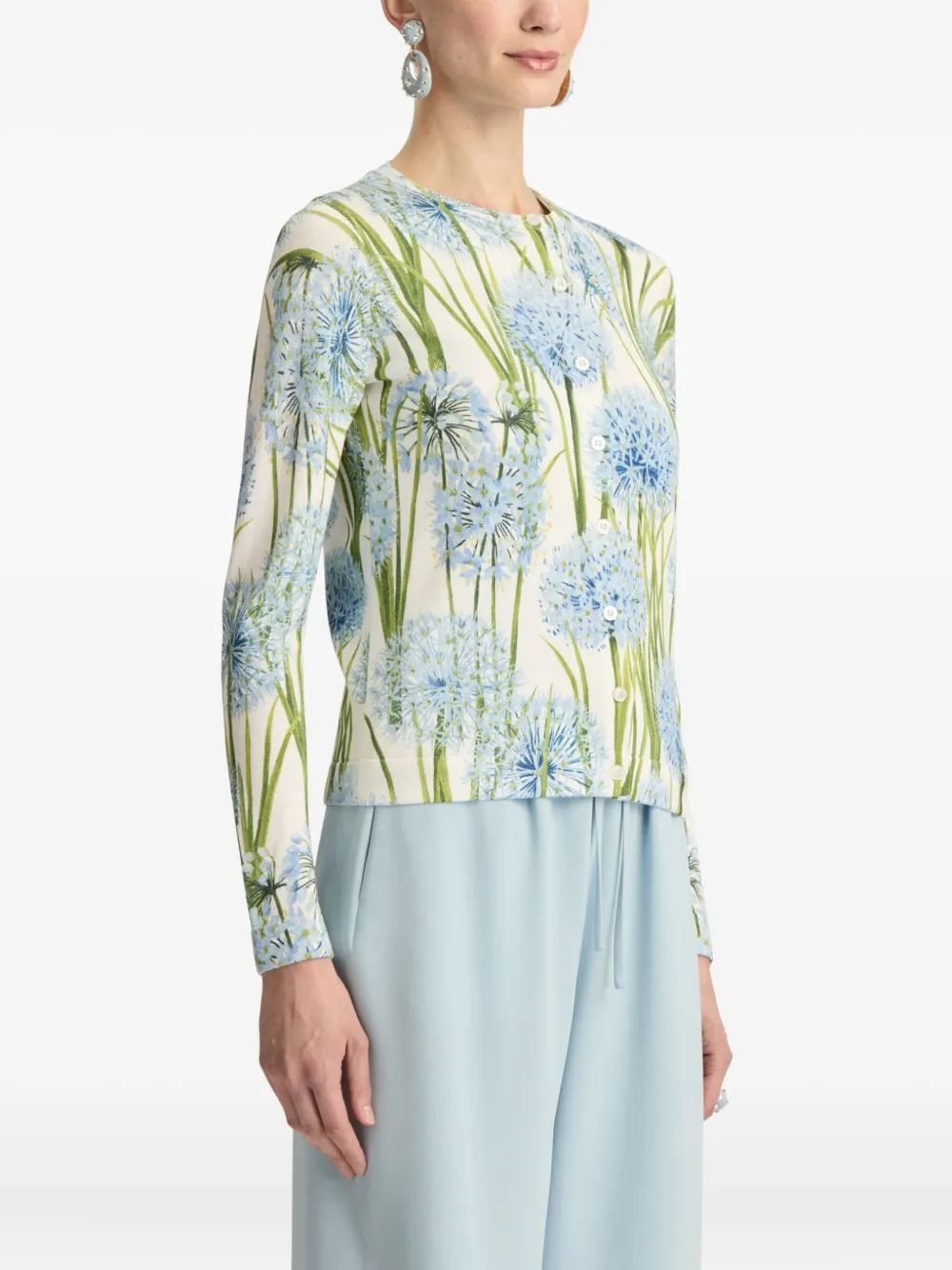 Oscar De La Renta Printed Allium Long Sleeve Cardigan In Blue