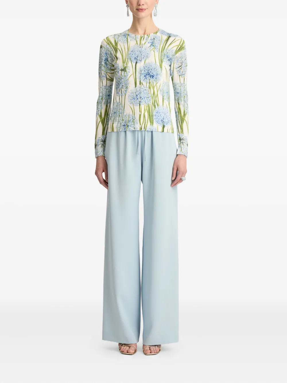 Oscar De La Renta Printed Allium Long Sleeve Cardigan In Blue