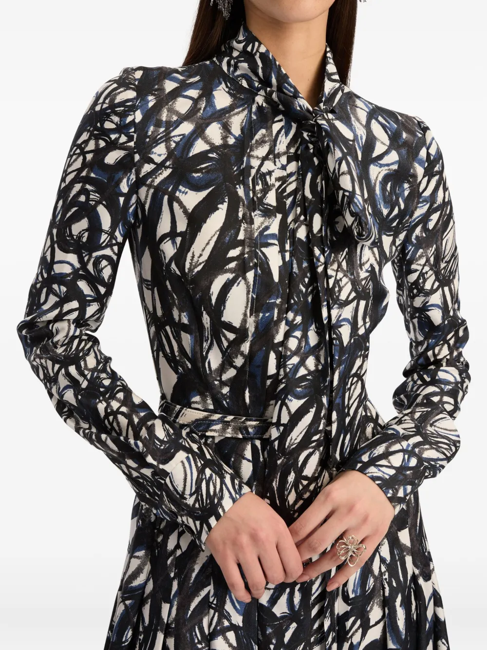 Oscar De La Renta Abstract Sketch Silk Twill Dress In White