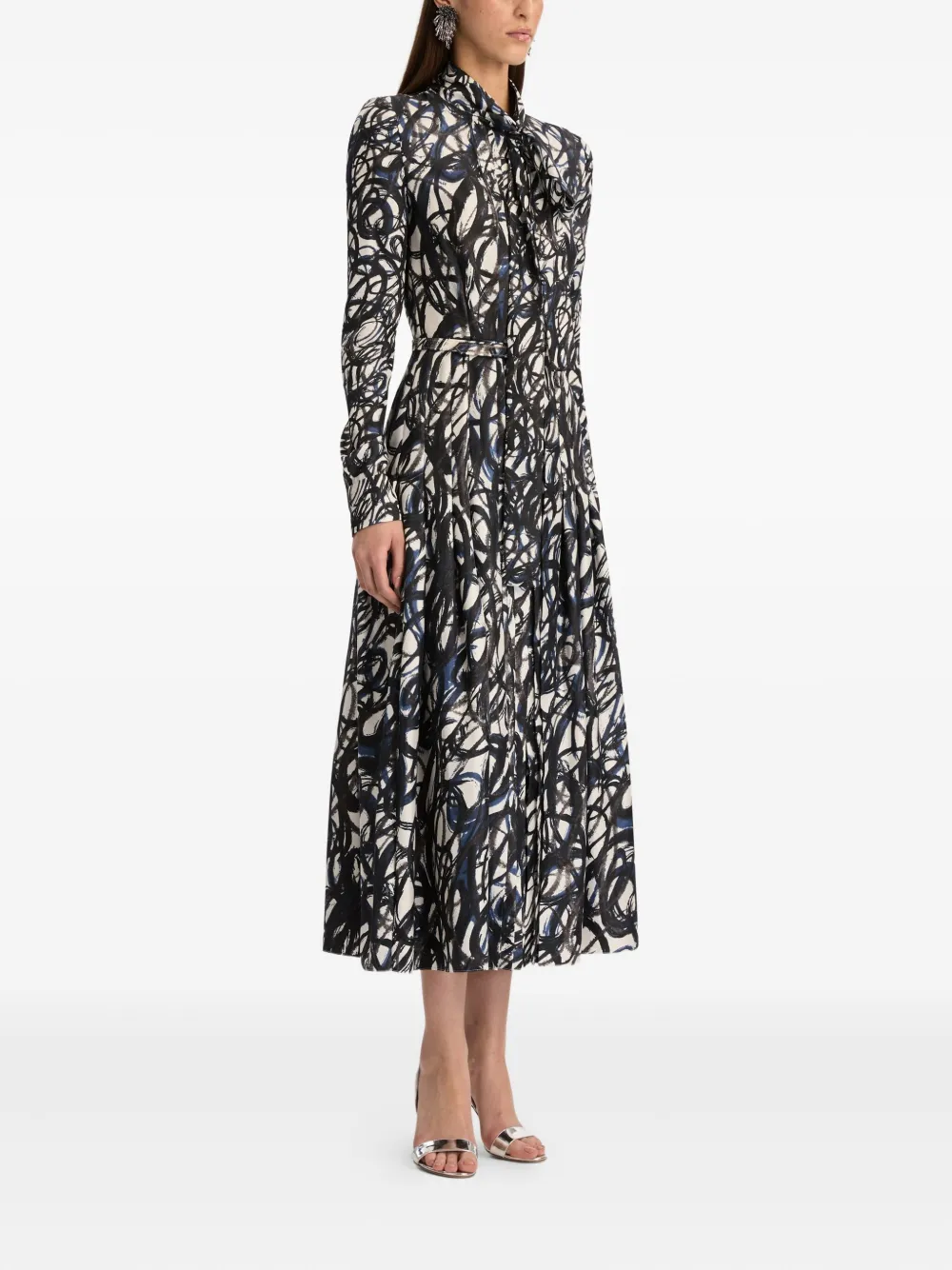 Oscar De La Renta Abstract Sketch Silk Twill Dress In White