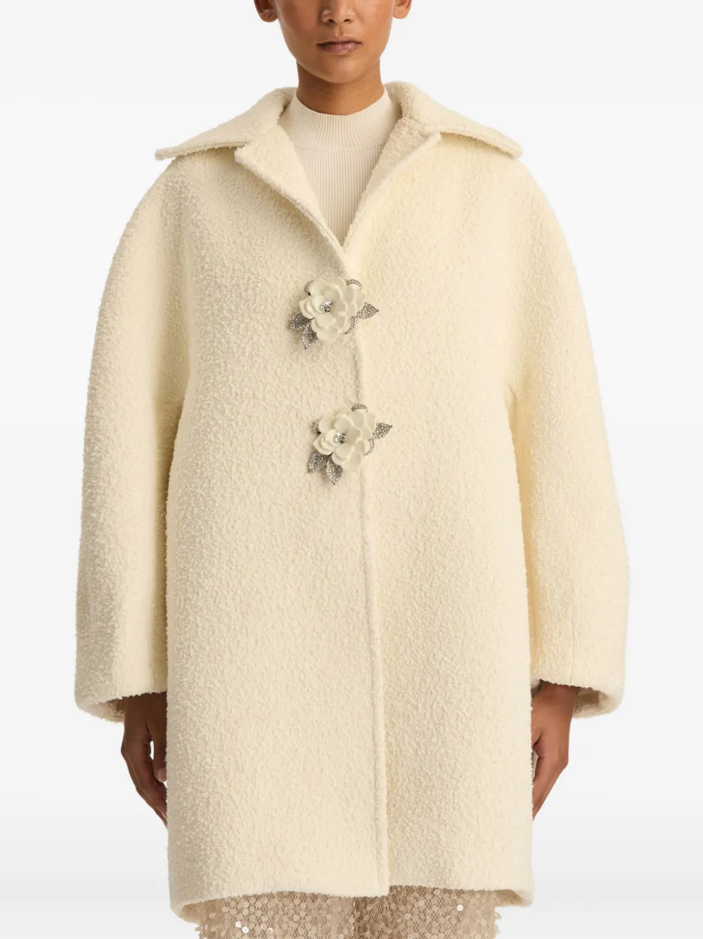 Oscar De La Renta Floral-button Bouclé Coat In Neutral