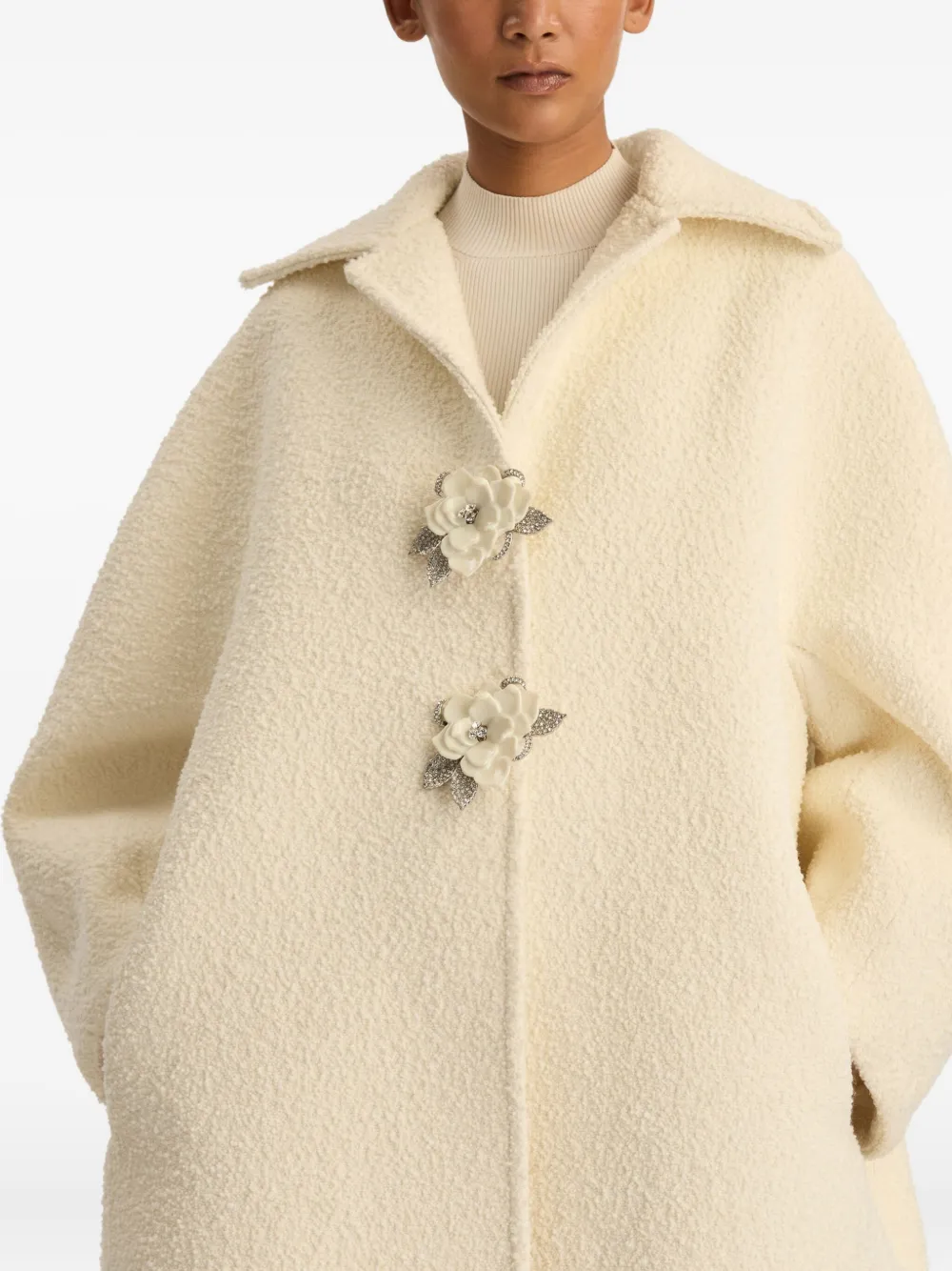 Oscar De La Renta Floral-button Bouclé Coat In Neutral