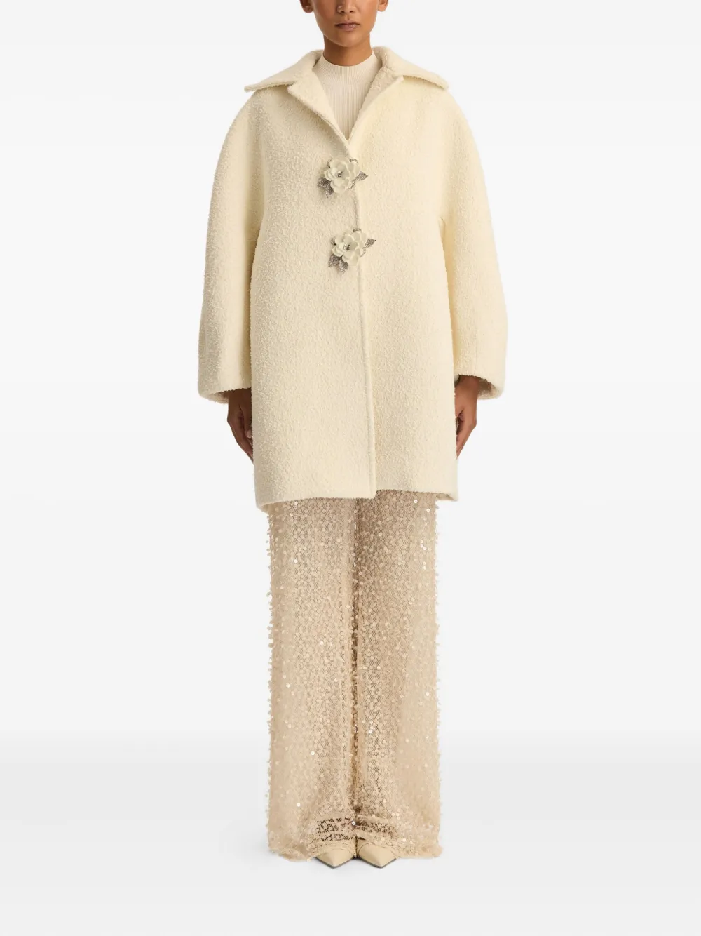Oscar De La Renta Floral-button Bouclé Coat In Neutral