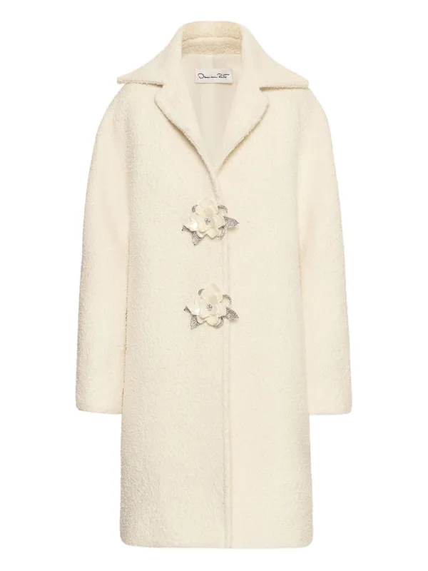 Oscar de la Renta Floral-button Bouclé Coat in Neutrals