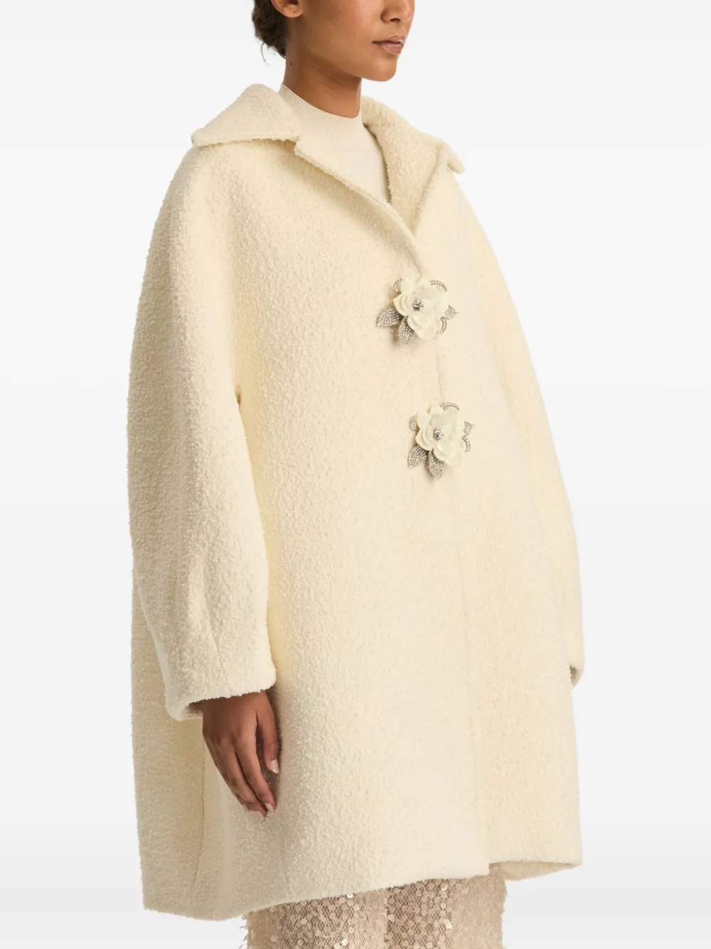 Oscar De La Renta Floral-button Bouclé Coat In Neutral