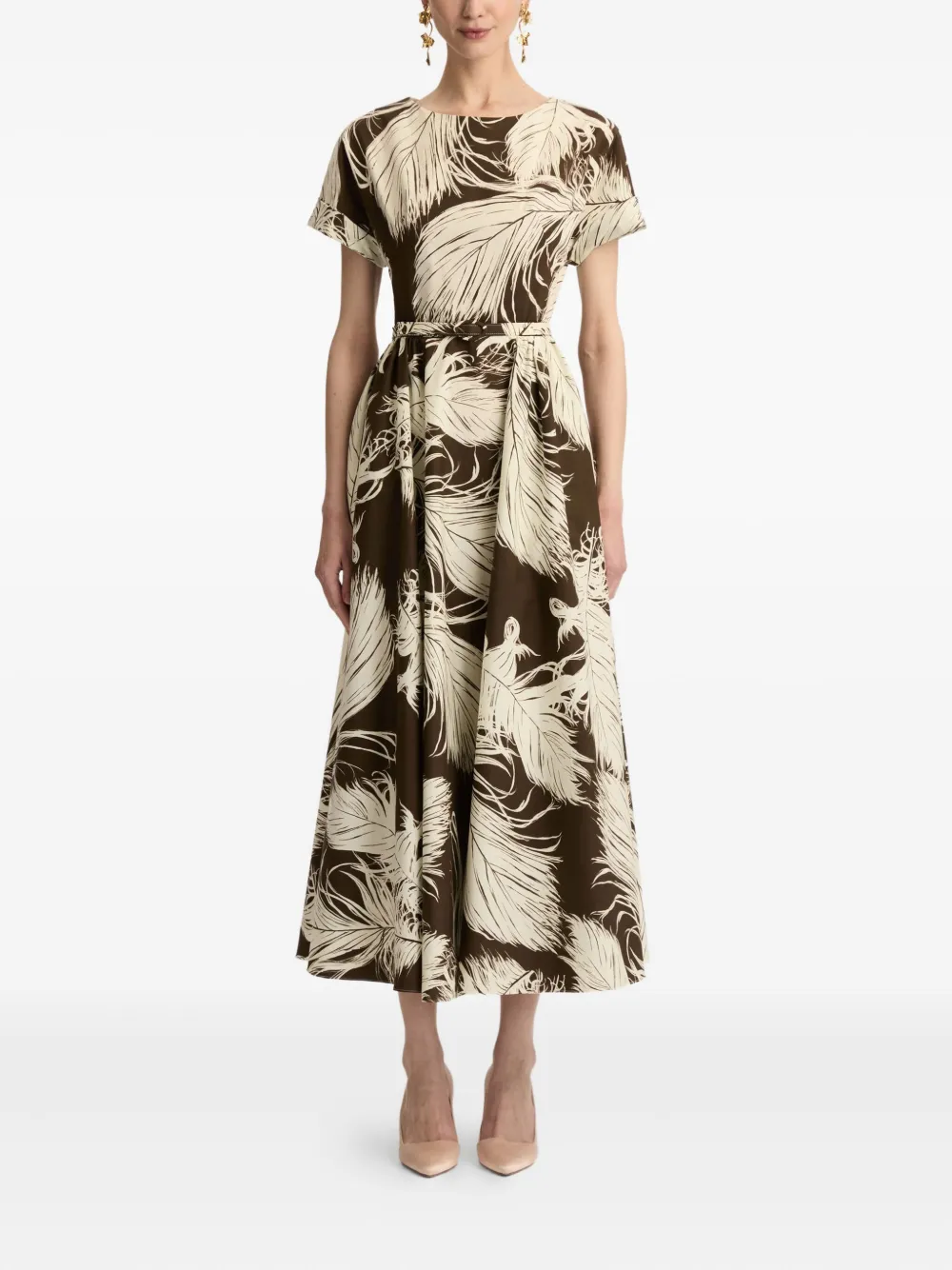 Oscar de la Renta Popeline jurk met verenprint - Bruin