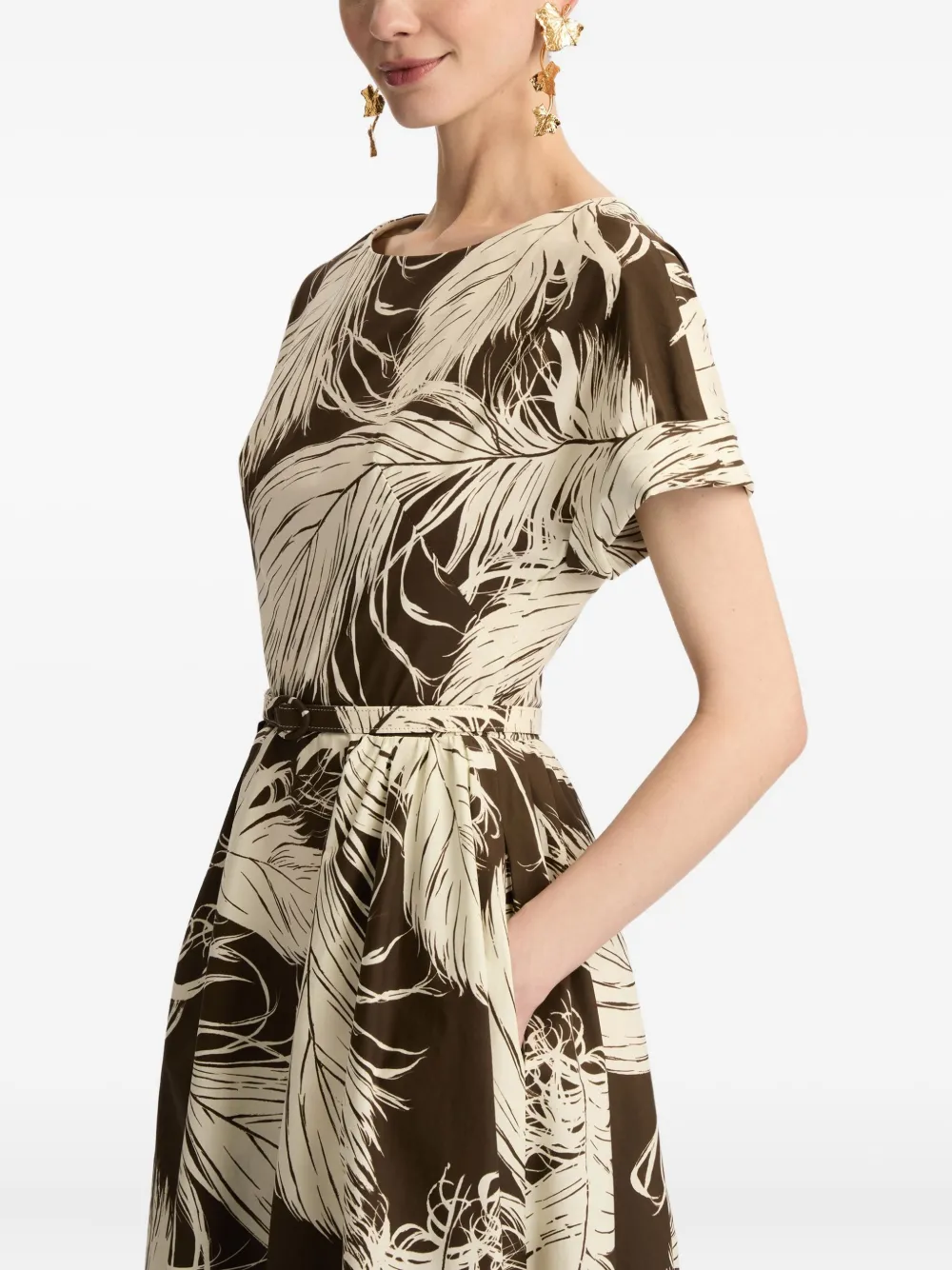 Oscar de la Renta Popeline jurk met verenprint Bruin