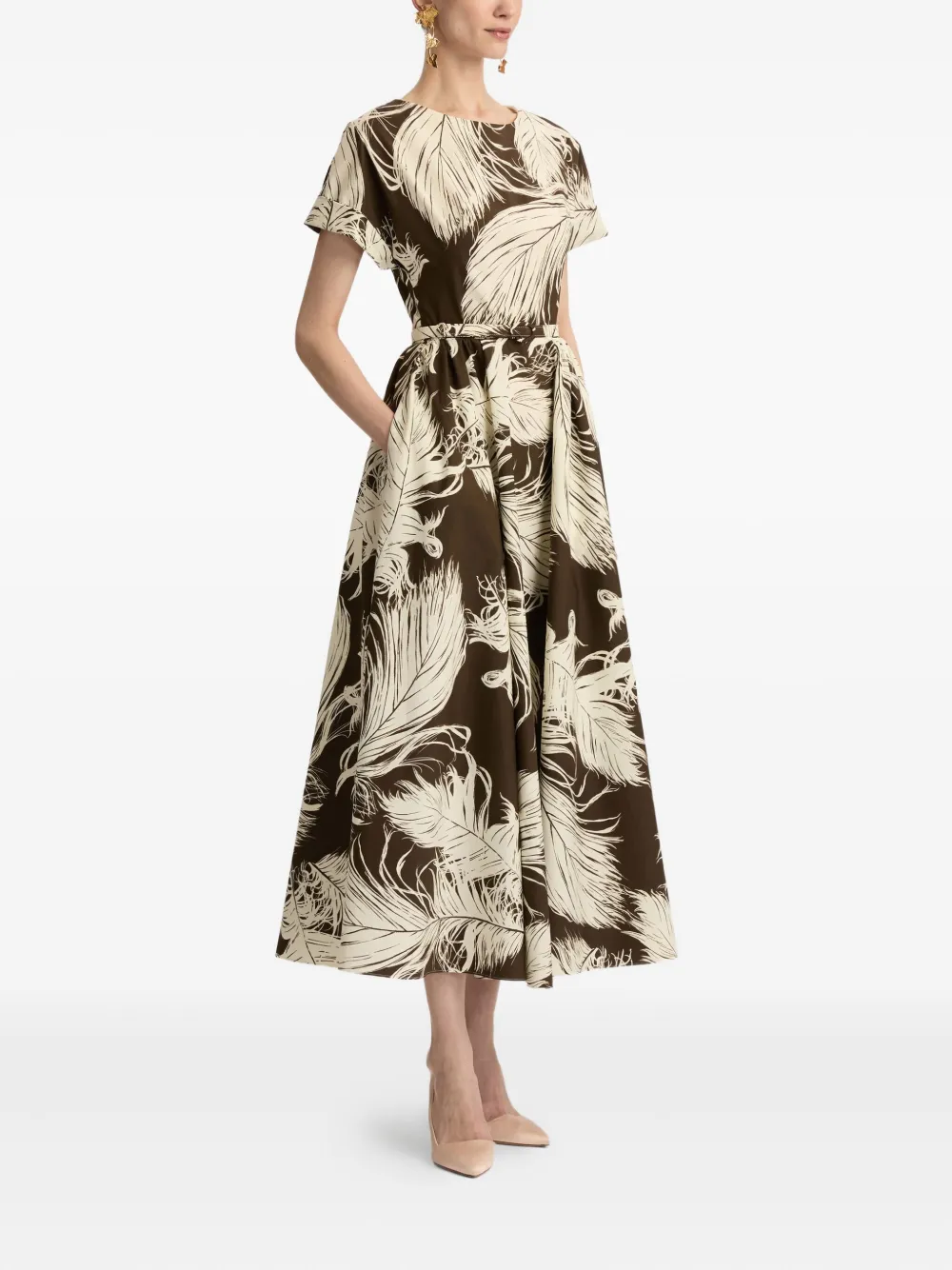 Oscar de la Renta Popeline jurk met verenprint Bruin